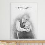 Sketch-style portrait of an older couple embracing, their names and a date above, on canvas