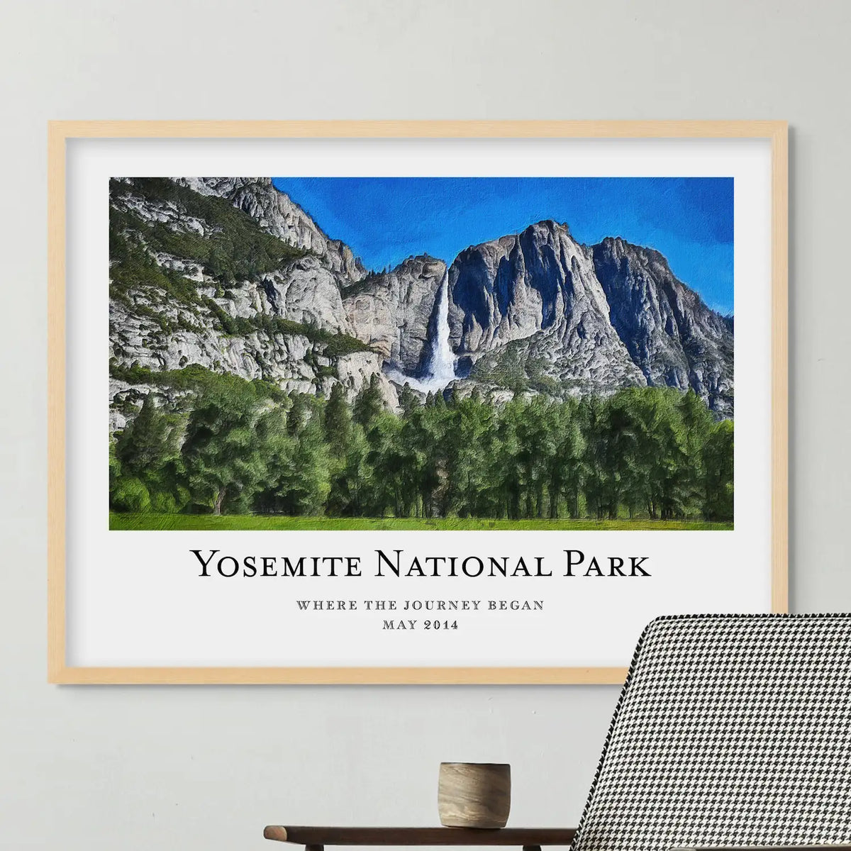Oil-style portrait of Yosemite Falls and its granite cliffs, titled 'Yosemite National Park', in a Red Oak frame