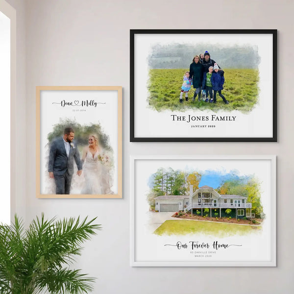 Custom portraits hung on wall interior