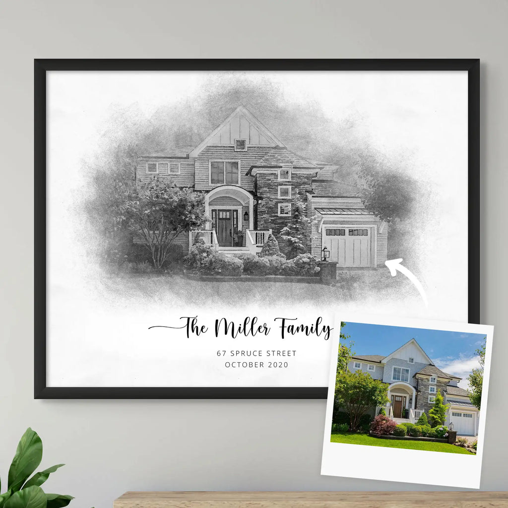 Sketch-style portrait of a stone-and-shingle house, 'The Miller Family', in a black frame, with its reference photo beside it