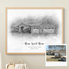 Sketch-style portrait of a brick house, 'Home Sweet Home', in a light oak frame, with its reference photo