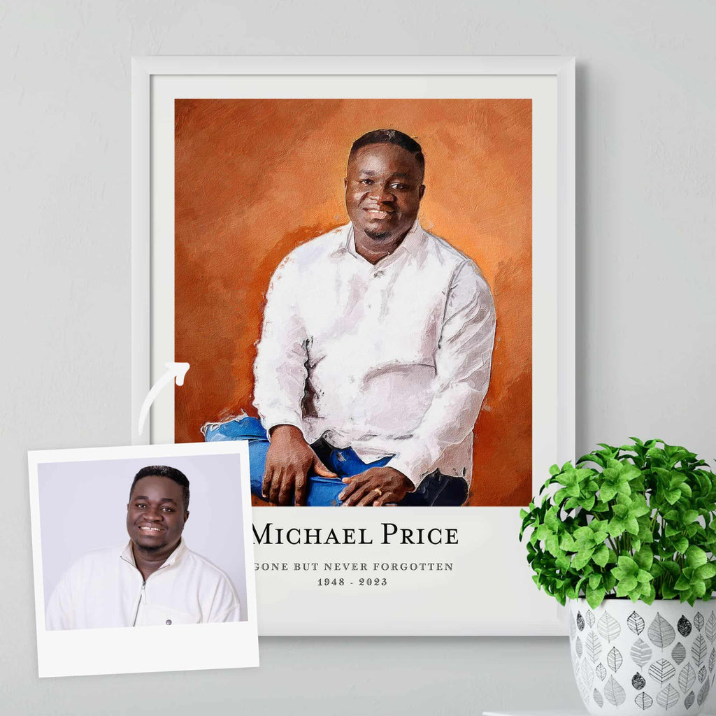 Oil-style portrait of a smiling man in a white shirt against orange, in a white frame, beside its reference photo
