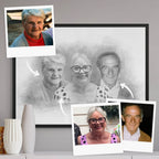 Sketch-style memorial portrait of three older people, framed in black, with three reference photos and arrows