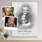 Sketch-style memorial portrait of a smiling older woman holding a baby, on canvas, beside two reference photos with arrows