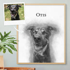 Sketch-style portrait of a dog named Otis in a light wood frame, with the reference photo pinned beside it