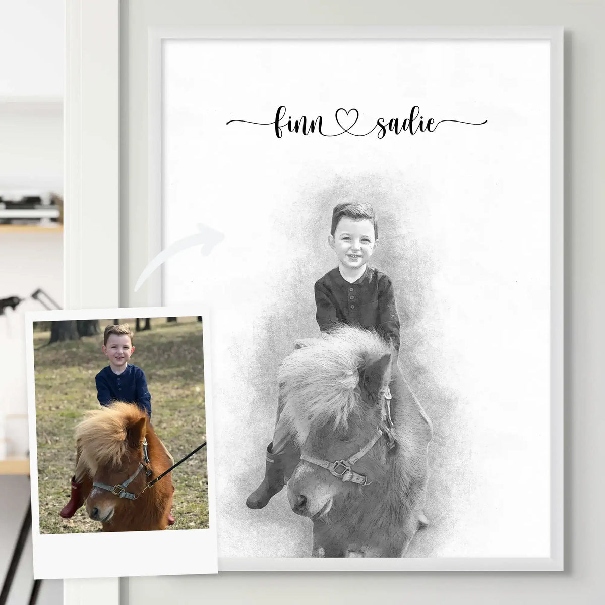 Sketch-style portrait of a boy riding a pony, in a white frame, with two names above and the reference photo beside it
