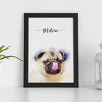 Watercolor-style portrait of a pug with its tongue out, named Melvin, in a black frame on a shelf