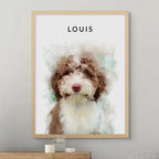 Watercolor-style portrait of a brown and white curly-haired dog named Louis, in a light oak frame above a shelf