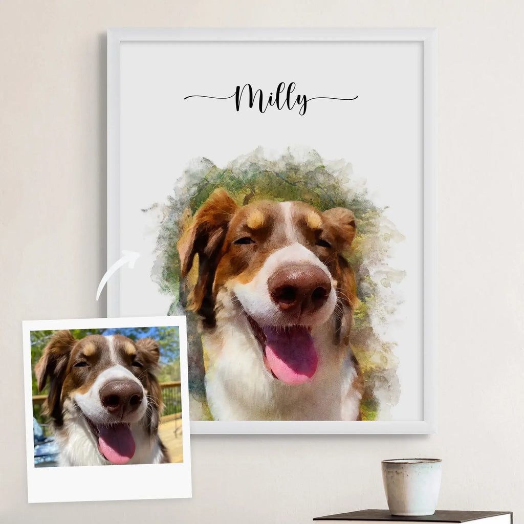 Watercolor-style portrait of a smiling brown-and-white dog named 'Milly' in a white frame, beside the reference photo