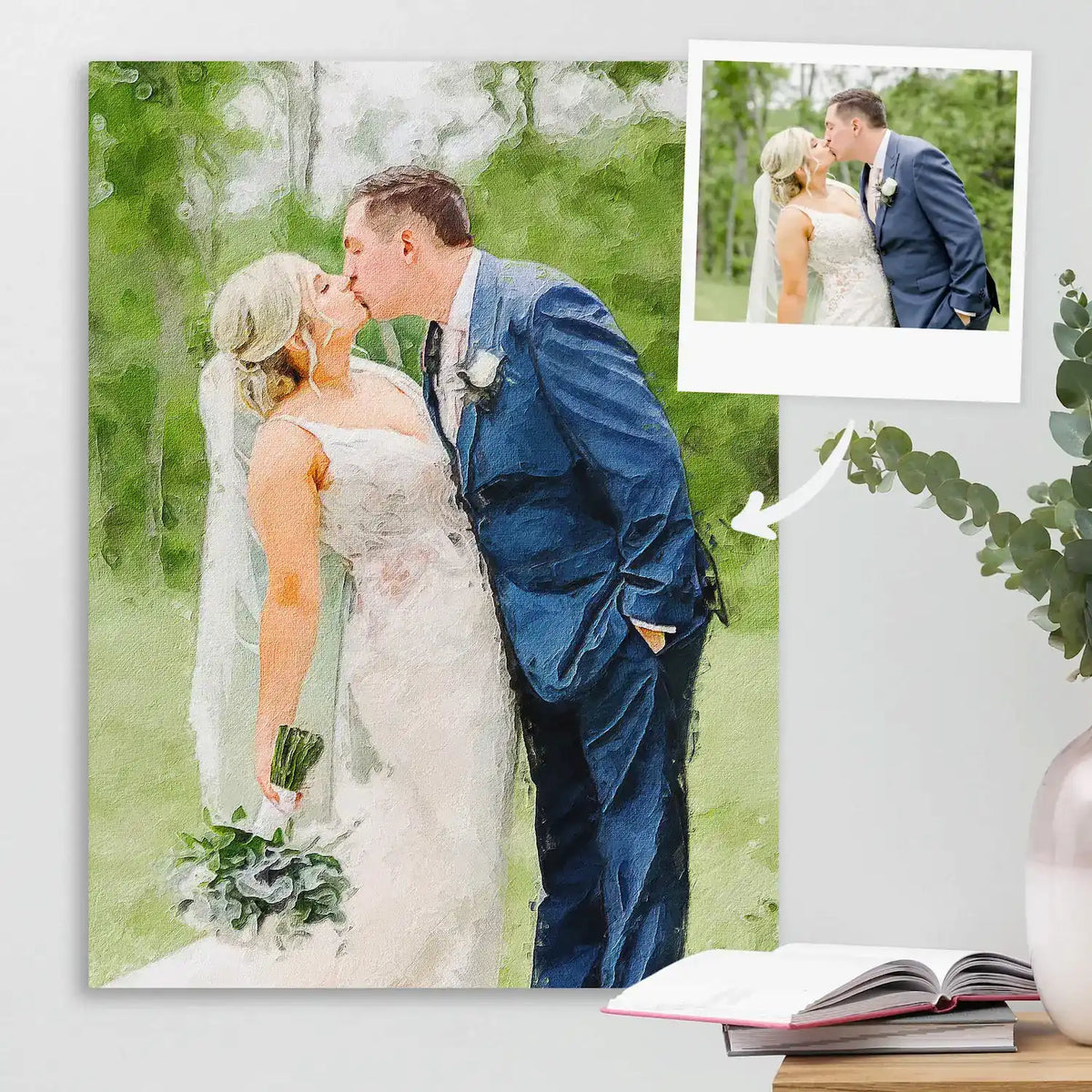 Oil-style canvas portrait of a couple kissing outdoors, with a small snapshot of the same moment at top right