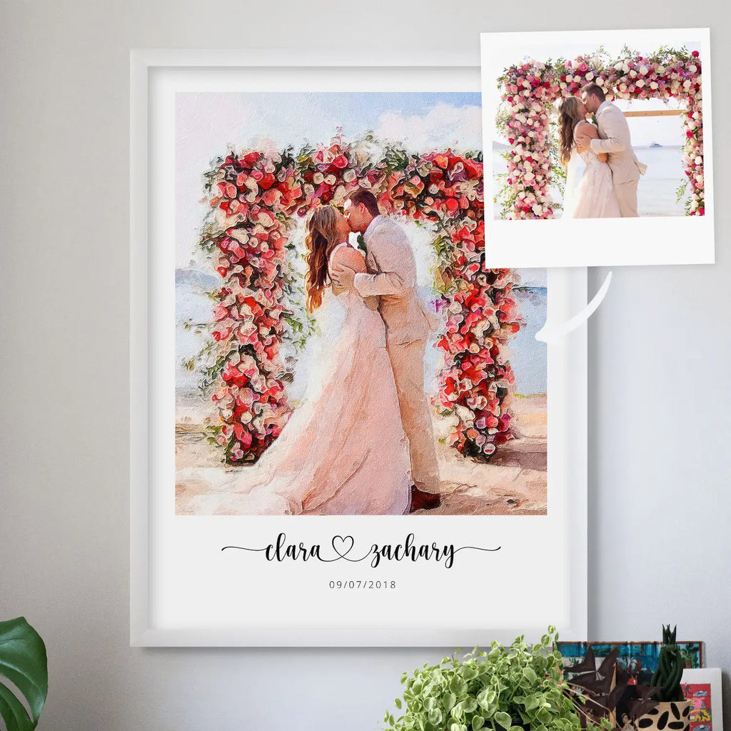 Oil-style portrait of a couple kissing under a floral arch, in a white frame, with a small snapshot at top right