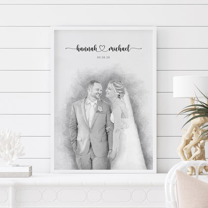 1st Anniversary Portrait, Personalised Wedding hot Portrait, Gift for Wife or Husband Couple Portrait