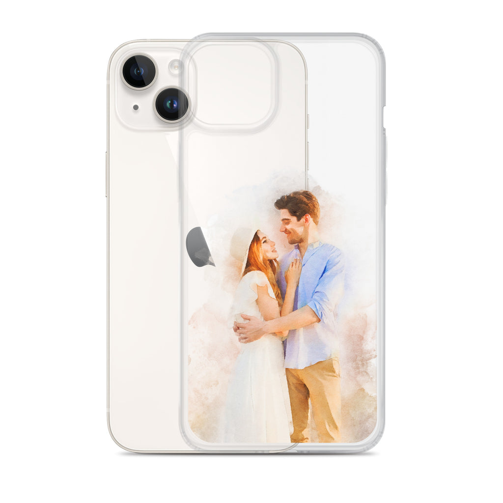 Clear iPhone 14 Plus case printed with a watercolor-style portrait of a couple embracing, beside a white iPhone