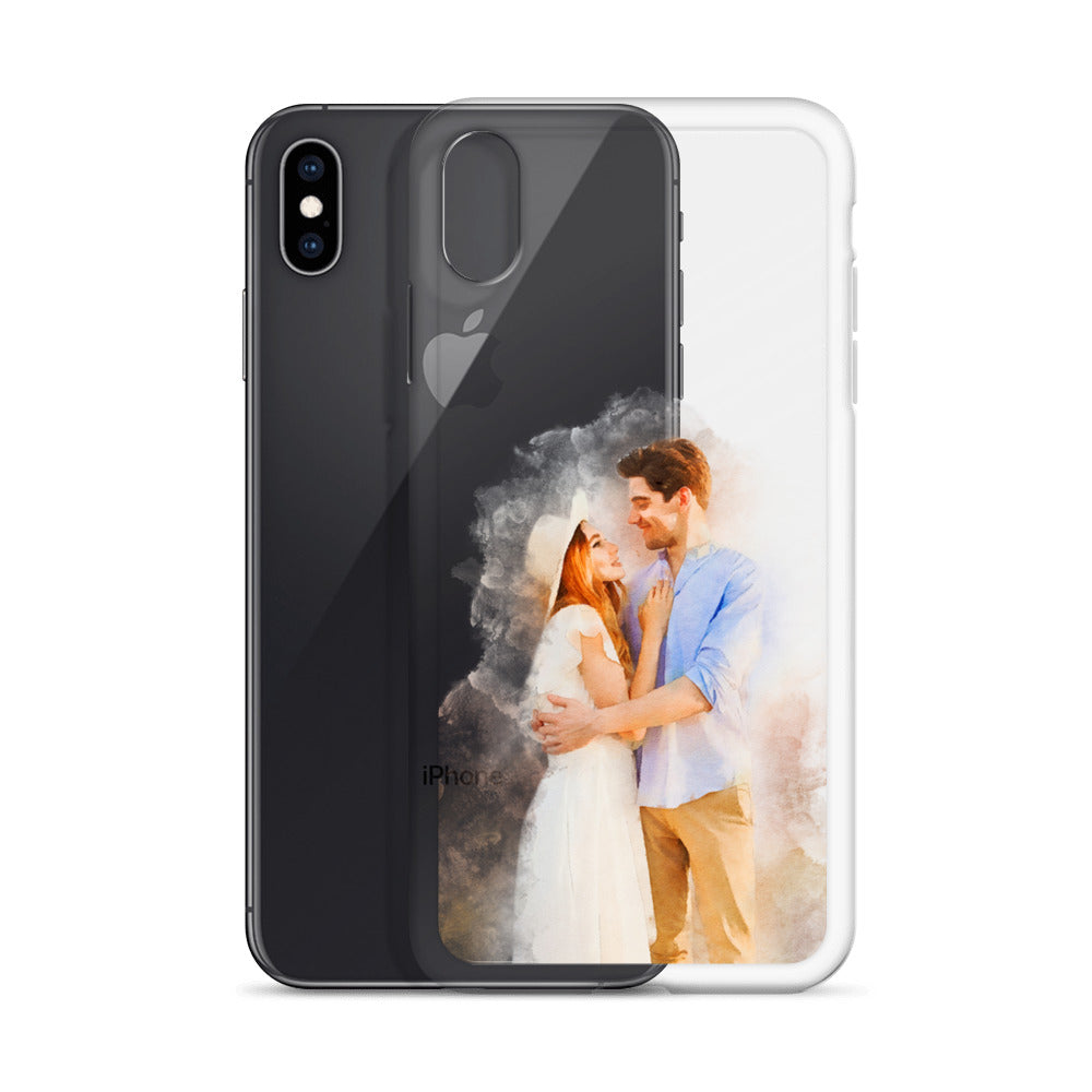 Clear iPhone XS Max case printed with a watercolor-style portrait of a couple embracing, beside a black iPhone